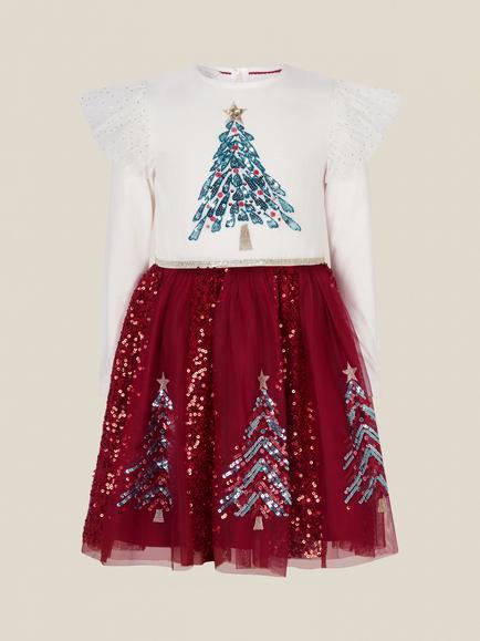 Monsoon Kids' Long Sleeve Sequin Christmas Tree Dress, Ivory - view 2, Ivory