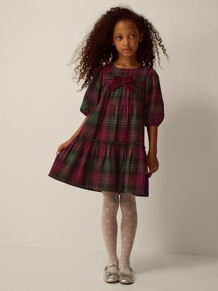 Monsoon Kids' Puff Sleeve Velvet Bow Tartan Dress, Red, Red
