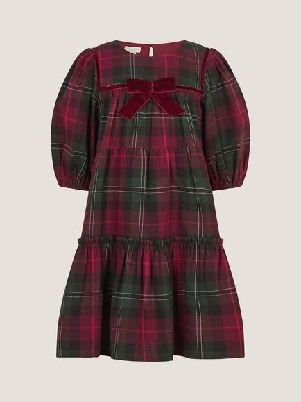 Monsoon Kids' Puff Sleeve Velvet Bow Tartan Dress, Red - view 2, Red