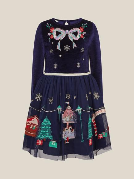 Monsoon Kids' Long Sleeve Embroidered Christmas Market Dress, Navy, Navy
