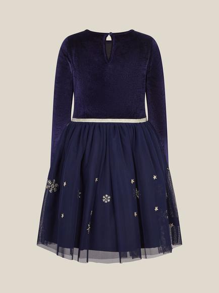 Monsoon Kids' Long Sleeve Embroidered Christmas Market Dress, Navy - view 2, Navy