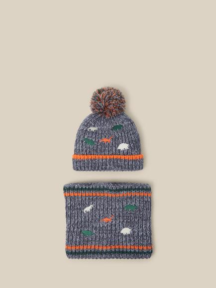 Monsoon Kids' Dinosaur Bobble Hat & Snood Set, Grey, Grey