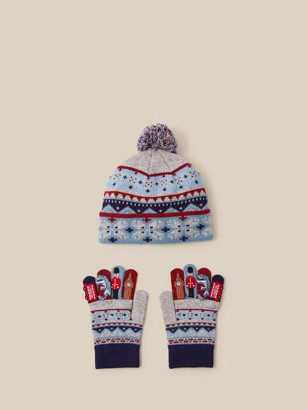 Monsoon Kids' London Fairisle Bobble Hat & Gloves Set, Grey, Grey