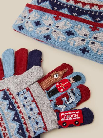 Monsoon Kids' London Fairisle Bobble Hat & Gloves Set, Grey - view 2, Grey