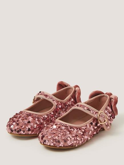Monsoon Kids' Sequin Velvet Bow Ballet Flats, Pink, Pink