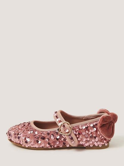 Monsoon Kids' Sequin Velvet Bow Ballet Flats, Pink - view 2, Pink