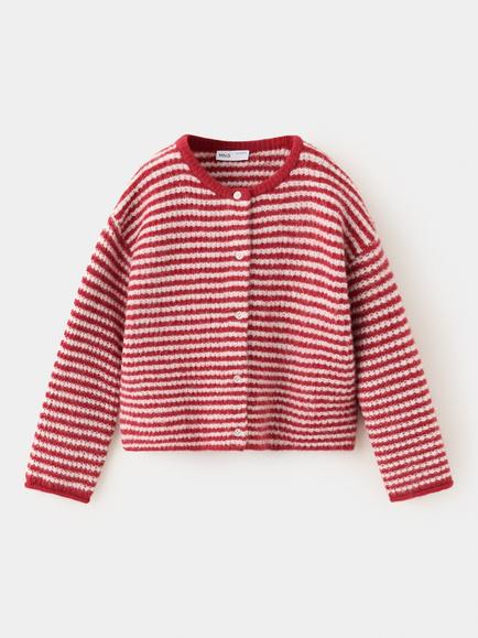 Mango Kids' Knitted Long Sleeve Stripe Cardigan, Red, Red