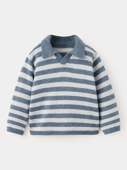 Mango Baby Striped Knit Polo Jumper, Blue, Blue