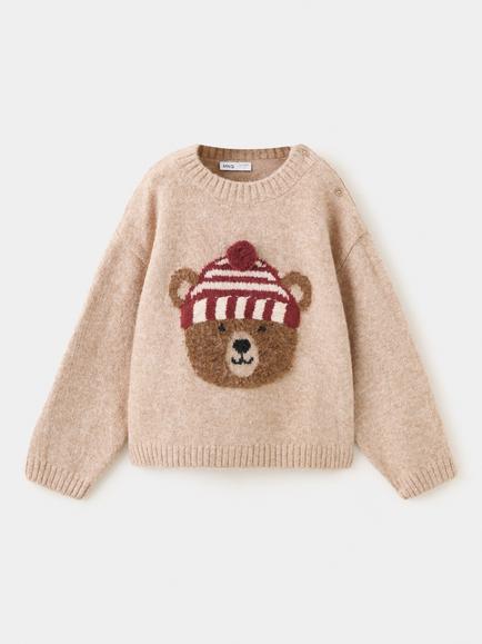 Mango Kids' Bear Crew Neck Knit Jumper, Taupe, Taupe