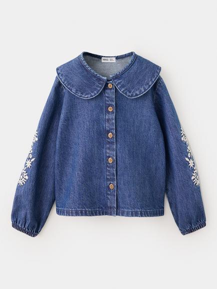 Mango Kids' Long Sleeve Floral Embroidered Denim Shirt, Mid Blue, Mid Blue