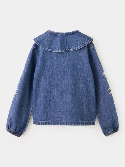 Mango Kids' Long Sleeve Floral Embroidered Denim Shirt, Mid Blue - view 2, Mid Blue
