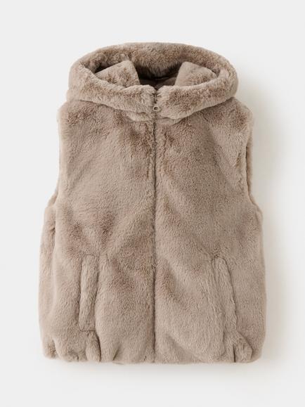 Mango Kids' Chaleco Hooded Faux Fur Gilet, Taupe, Taupe