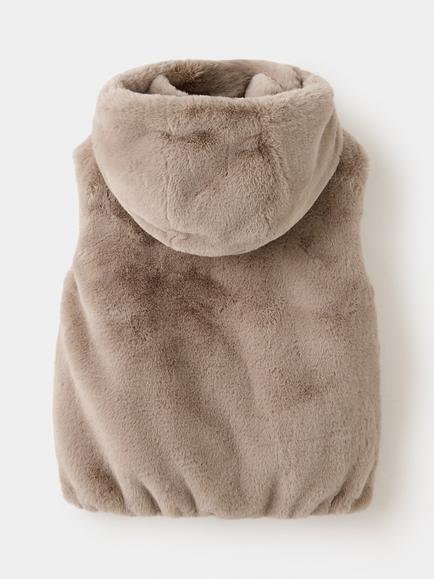 Mango Kids' Chaleco Hooded Faux Fur Gilet, Taupe - view 2, Taupe