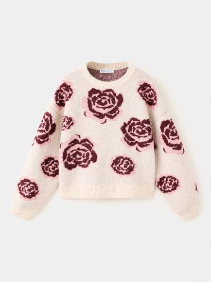 Mango Kids' Crew Neck Floral Jumper, Beige, Beige