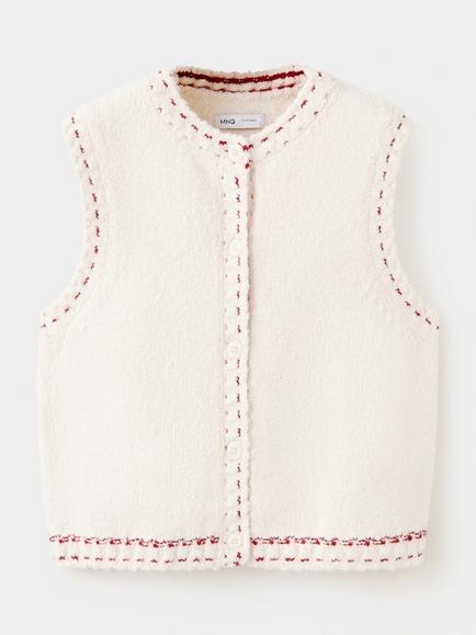 Mango Kids' Textured Knit Button Front Vest, Raw, Raw