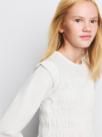 Mango Kids' Long Sleeve Smocked Cotton Blouse - view 2, Off White