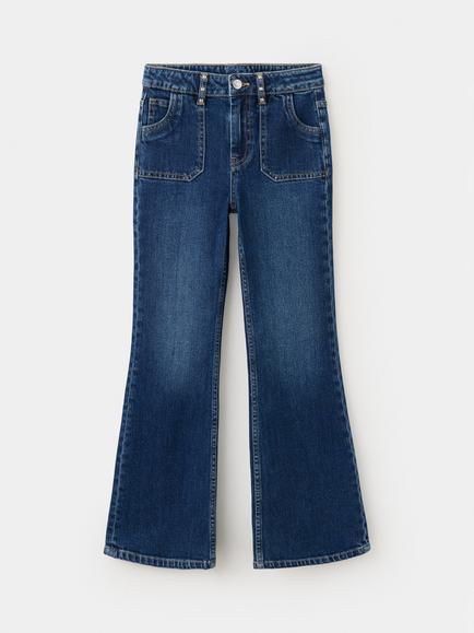 Mango Kids' Tejano Mid Rise Stud Detail Flared Jeans, Navy, Navy