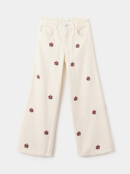 Mango Tejano Rose Embroidered Wide Leg Jeans, Raw, Raw