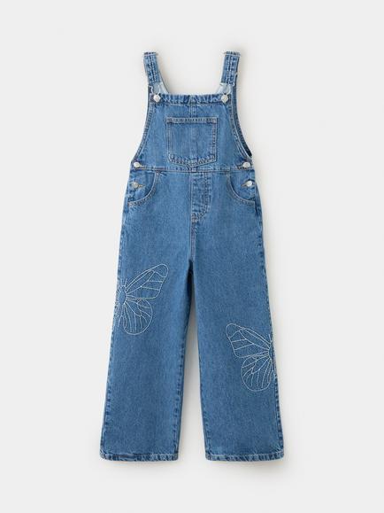 Mango Kids' Butterfly Embroidered Dungaree Jumpsuit, Dark Navy, Dark Navy