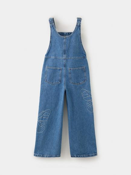 Mango Kids' Butterfly Embroidered Dungaree Jumpsuit, Dark Navy - view 2, Dark Navy