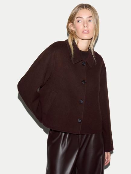 Jigsaw Box Pleat Double Faced Wool Cropped Coat, Brown, Brown