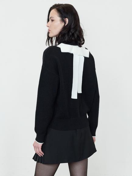 French Connection Davan Monochrome Bow Back Knit Jumper, Black/Porcelain Cream - view 2, Black/Porcelain Cream