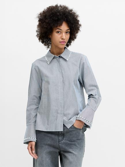 French Connection Cambria Cotton Pearl Trim Stripe Shirt, New Navy/White White, New Navy/Winter White