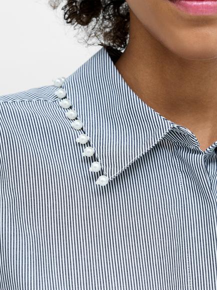 French Connection Cambria Cotton Pearl Trim Stripe Shirt, New Navy/White White - view 2, New Navy/Winter White