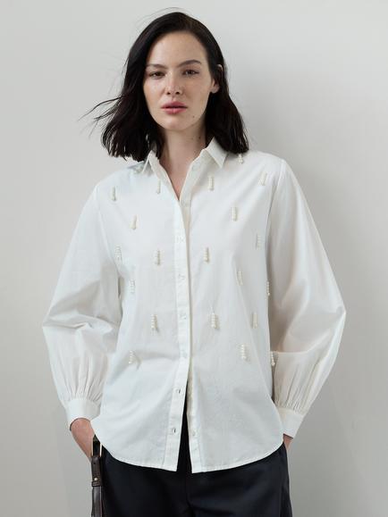 French Connection Cambria Faux Pear Embellished Shirt, Winter White, Winter White