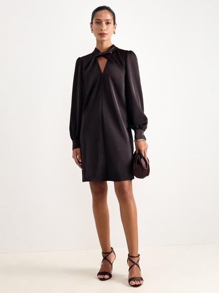 Phase Eight Elva Satin Tie Neck Dress, Brown, Brown