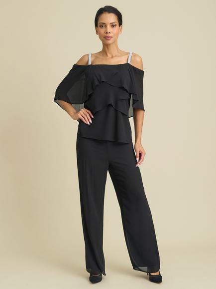 Gina Bacconi Chassidy Frill Top and Trouser Set, Black, Black