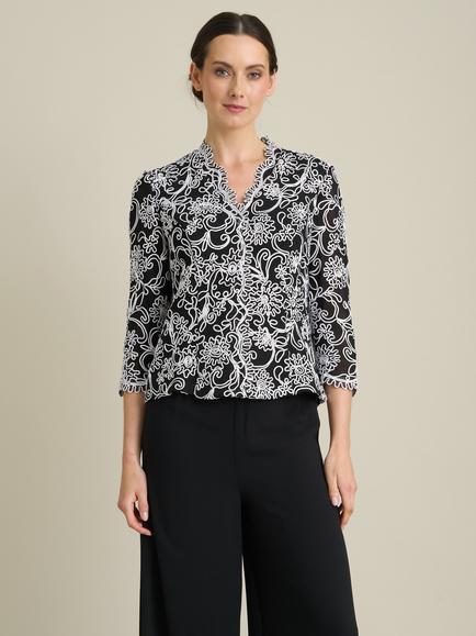 Gina Bacconi Lia Scalloped Detail Embroidered Blouse, Black/White, Black/White