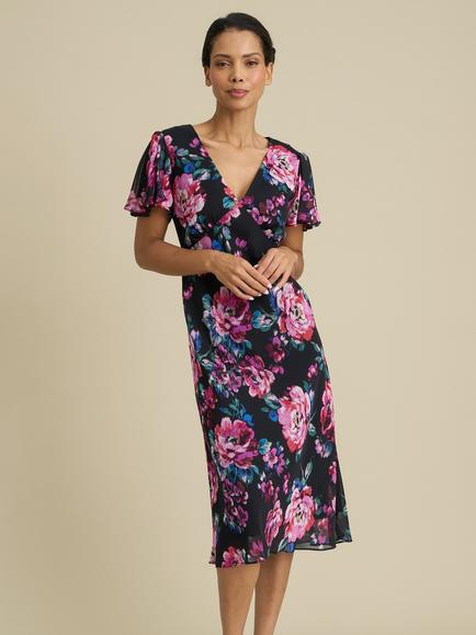 Gina Bacconi Rosabelle Floral Print Midi Dress, Black/Multi, Black/Multi