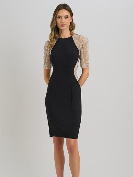 Gina Bacconi Shelly Jersey Mesh Beaded Dress, Black/Silver, Black/Silver