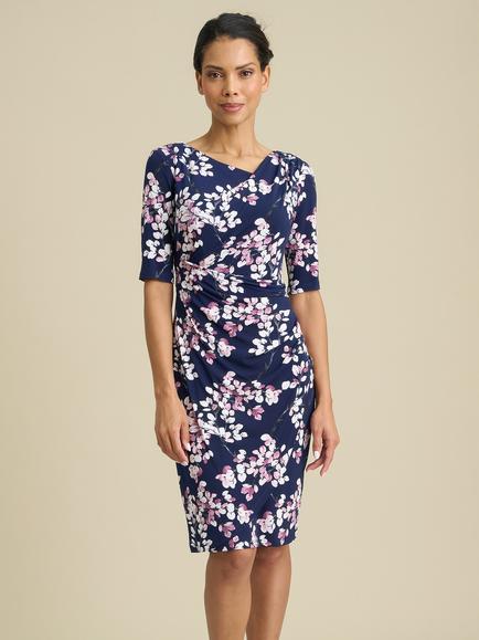 Gina Bacconi Primrose Floral Print Jersey Dress, Navy/Pink, Navy/Pink