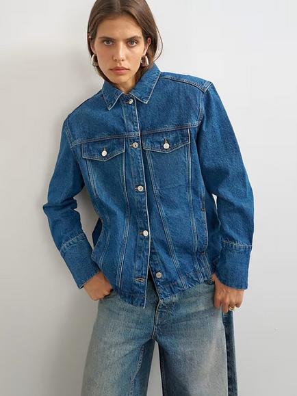 Topshop Strong Shoulder Denim Jacket, Mid Blue, Mid Blue