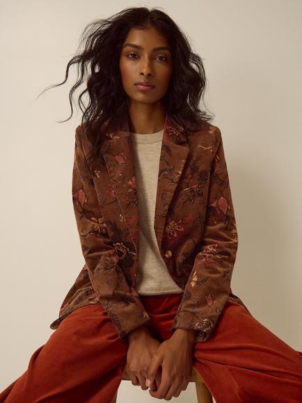 Monsoon Princella Floral Corduroy Blazer, Brown, Brown