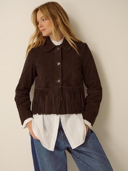Monsoon Maude Fringe Suede Jacket, Chocolate - view 2, Chocolate