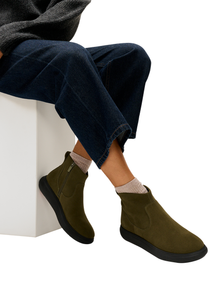 FitFlop IQ-COMFF Suede Zip Ankle Boots, Deep Olive - view 2, Deep Olive