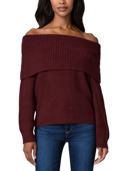 PAIGE Mazzi Wool Blend Ribbed Knit Off Shoulder Jumper, Burgundy, Burgundy