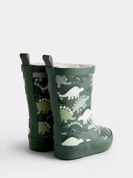JoJo Maman Bébé Kids' Dinosaur Wellington Boots, Khaki Green - view 2, Khaki Green