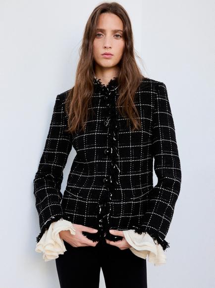 Mango Americana Tweed Check Single Breasted Blazer, Black, Black