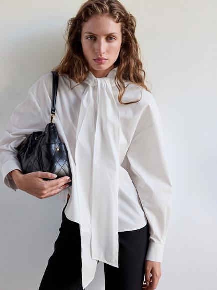 Mango Drape Silhouette Tie Neck Blouse, Off White, Off White