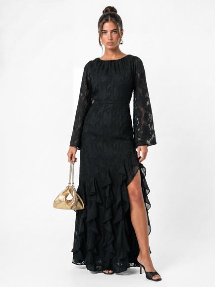 Anaya With Love Floral Burnout Round Neck Ruffle Maxi Dress, Black, Black