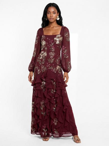 Maya Deluxe Waterfall Ruffle Sequin Dress, Ruby, Ruby