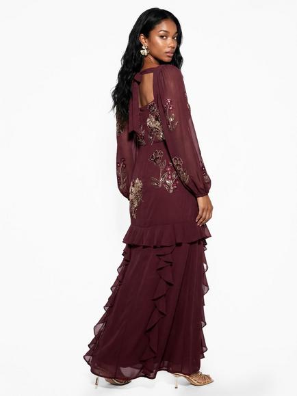 Maya Deluxe Waterfall Ruffle Sequin Dress, Ruby - view 2, Ruby