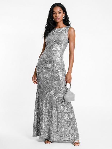 Maya Deluxe Floral Ribbon Applique Sequin Maxi Dress, Silver, Silver