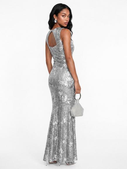 Maya Deluxe Floral Ribbon Applique Sequin Maxi Dress, Silver - view 2, Silver
