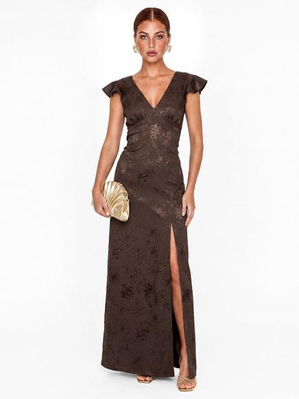 Maya Deluxe Satin Jacquard Maxi Dress, Espresso, Espresso