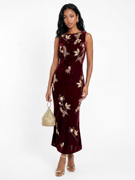 Maya Deluxe Floral Embellished Cowl Back Velvet Midaxi Dress, Wine/Multi, Wine/Multi